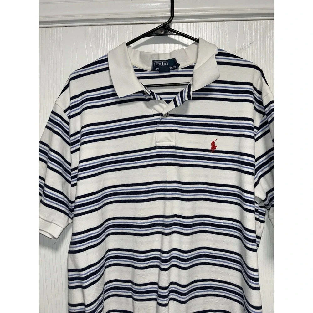 Polo Ralph Lauren Vintage Short Sleeve Polo Shirt Men's XXL White Blue Stripe 90